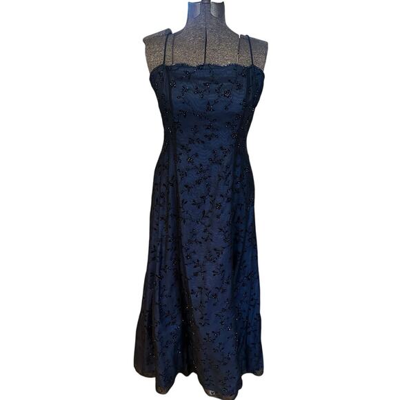 Besty & Adam 90s Vampy Gothic Beaded Mesh Overlay Prom Dress Maxi Black Blue 14 - Picture 1 of 16